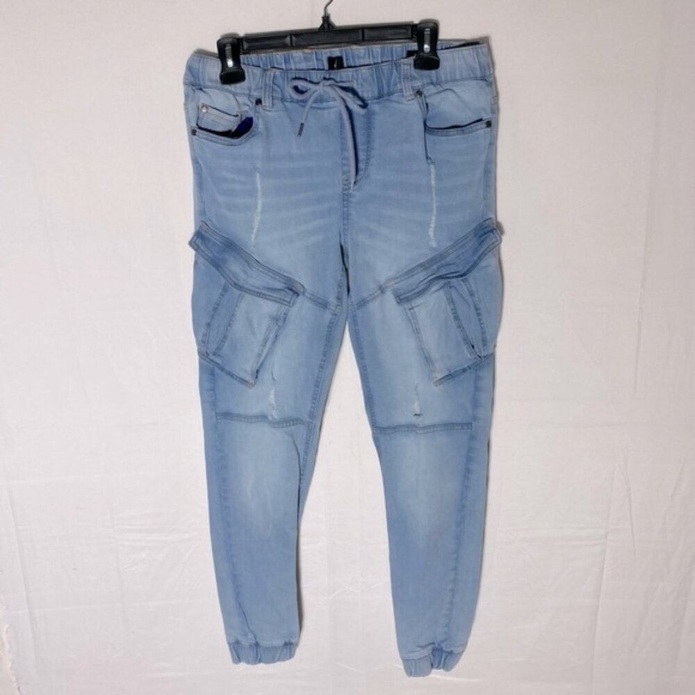 DNM Works Light Wash Denim Elastic Waist Cargo Joggers 30